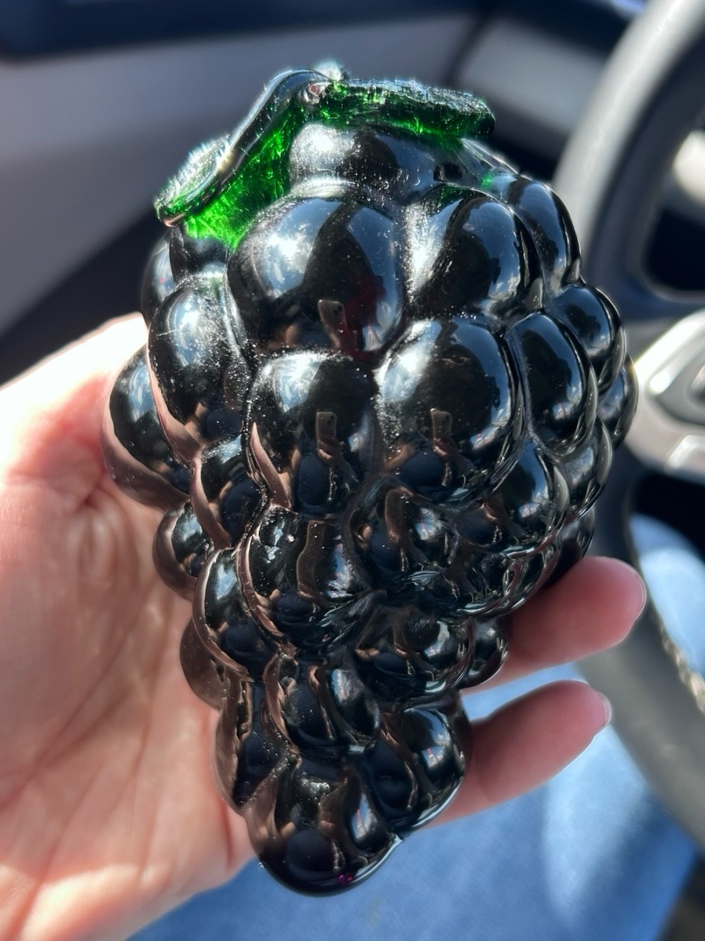 XL Vintage MCM Art Glass Amethyst Grape Cluster w/ Green Leaves Italian Style 🍇✨